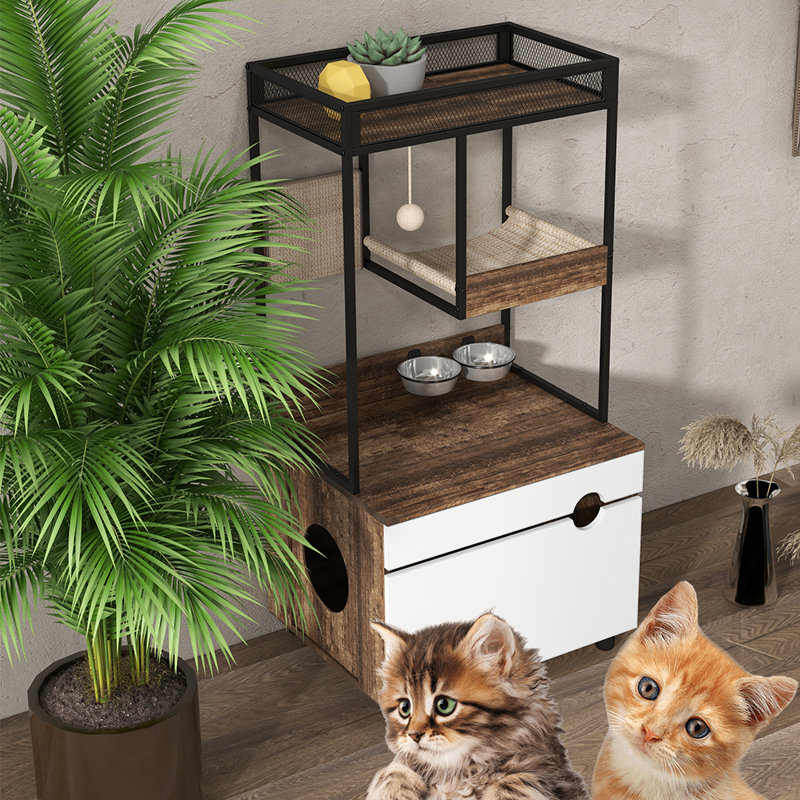 Tucker Murphy Pet Cat Litter Box Enclosure With Cat Tree Tower Scratching Pad Large Storage Space Cat Cabinet Wayfair